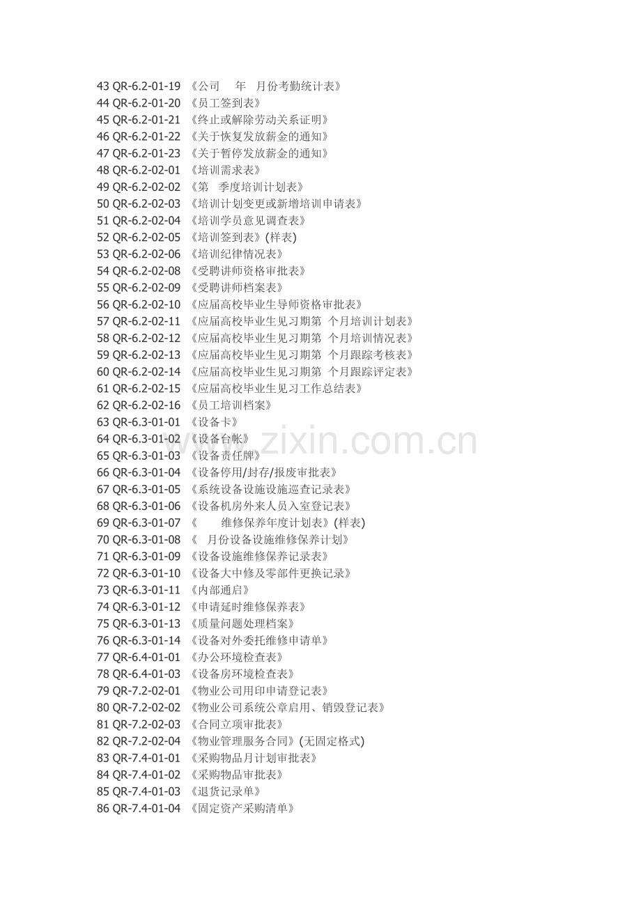 物业管理ISO质量体系文件下载：质量记录表格目录.doc_第2页