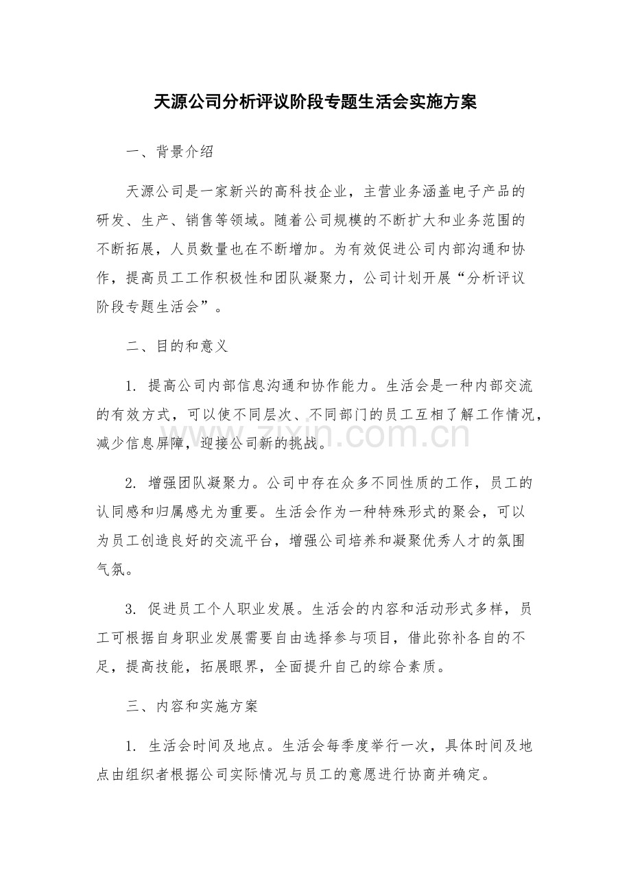 天源公司分析评议阶段专题生活会实施方案.docx_第1页