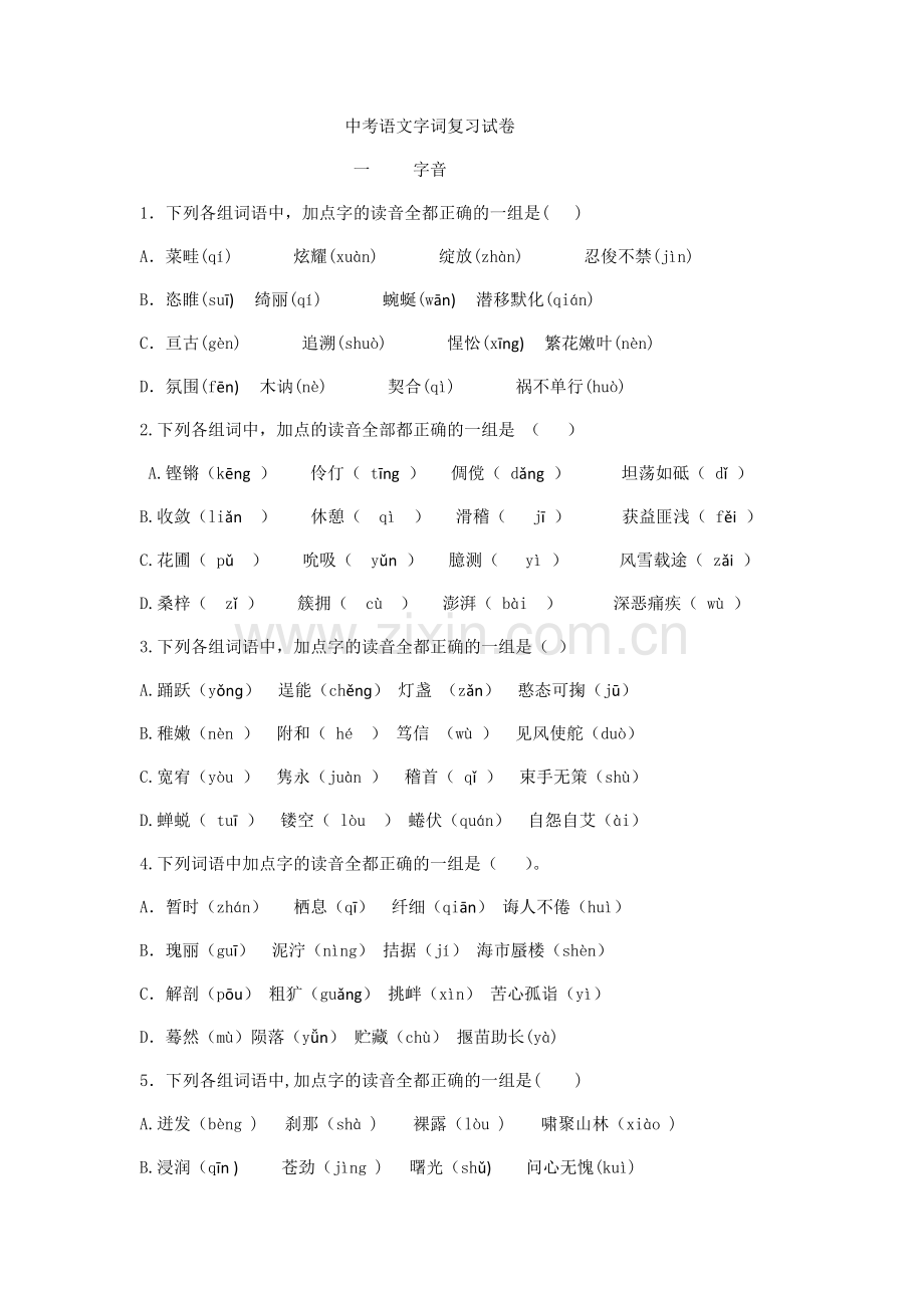 中考语文字词复习试卷(1).docx_第1页
