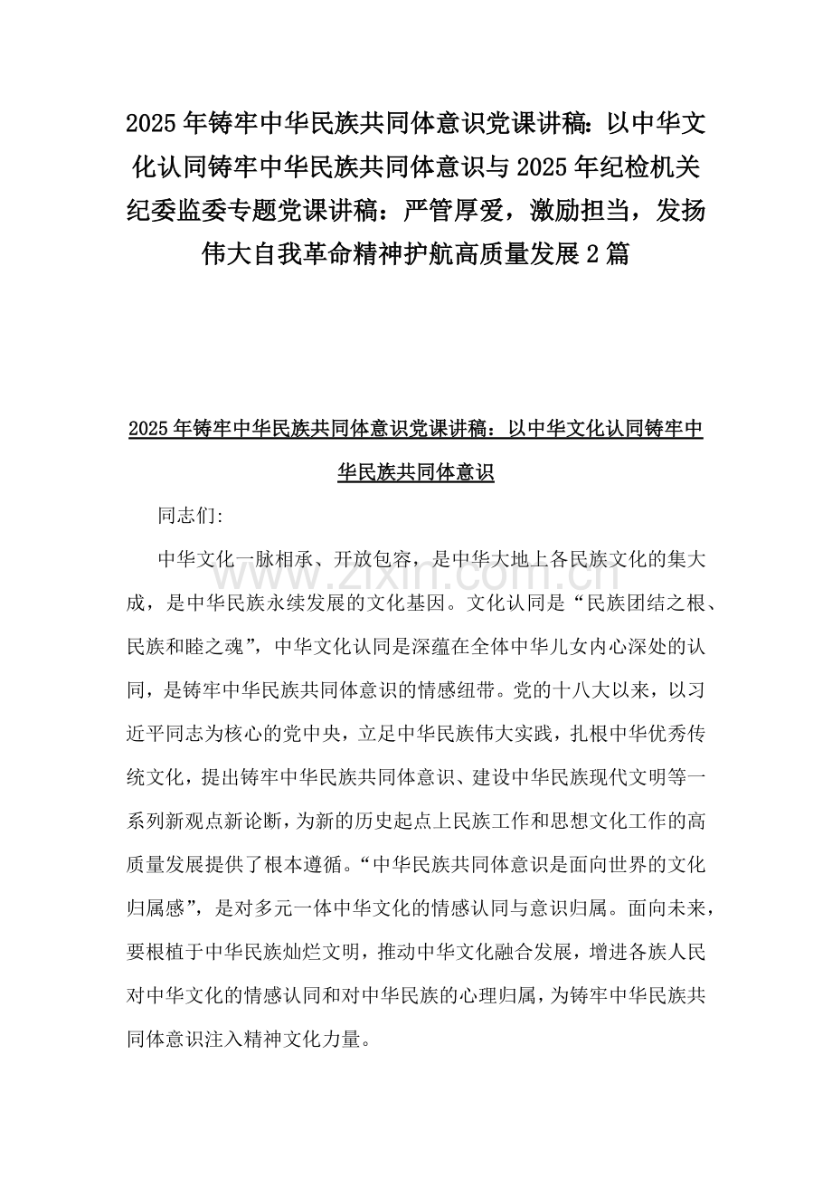 2025年铸牢中华民族共同体意识党课讲稿：以中华文化认同铸牢中华民族共同体意识与2025年纪检机关纪委监委专题党课讲稿：严管厚爱激励担当发扬伟大自我革命精神护航高质量发展2篇.docx_第1页