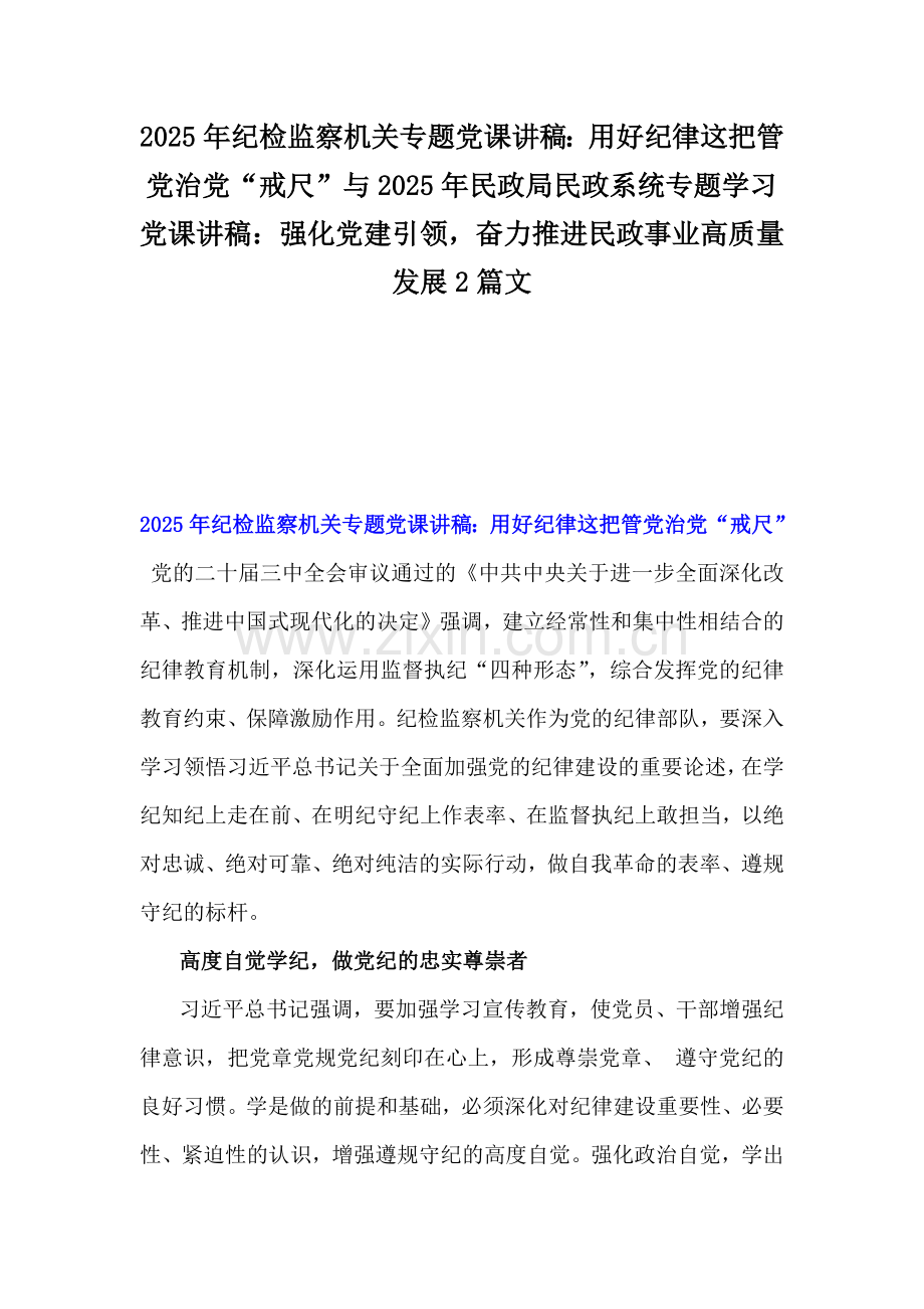 2025年纪检监察机关专题党课讲稿：用好纪律这把管党治党“戒尺”与2025年民政局民政系统专题学习党课讲稿：强化党建引领奋力推进民政事业高质量发展2篇文.docx_第1页