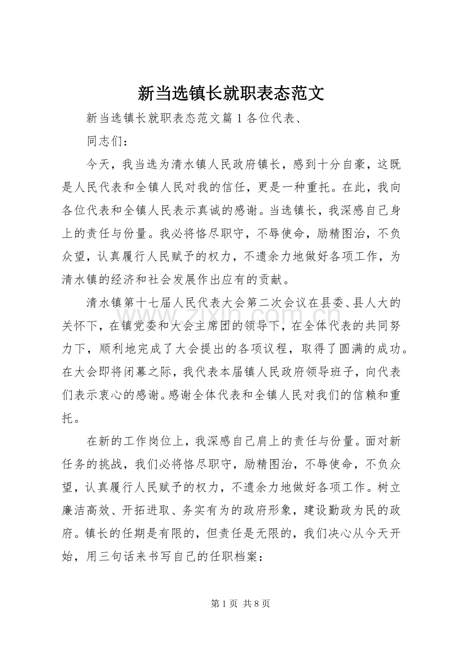 新当选镇长就职表态范文.docx_第1页