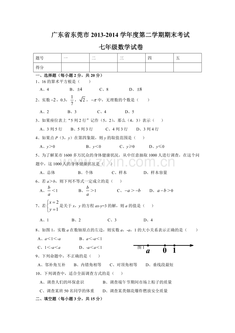东莞市2013-2014学年七年级下期末考试数学试卷及答案.doc_第1页