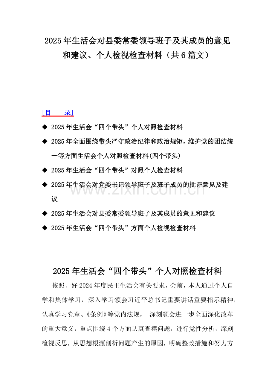 2025年生活会对县委常委领导班子及其成员的意见和建议、个人检视检查材料（共6篇文）.docx_第1页