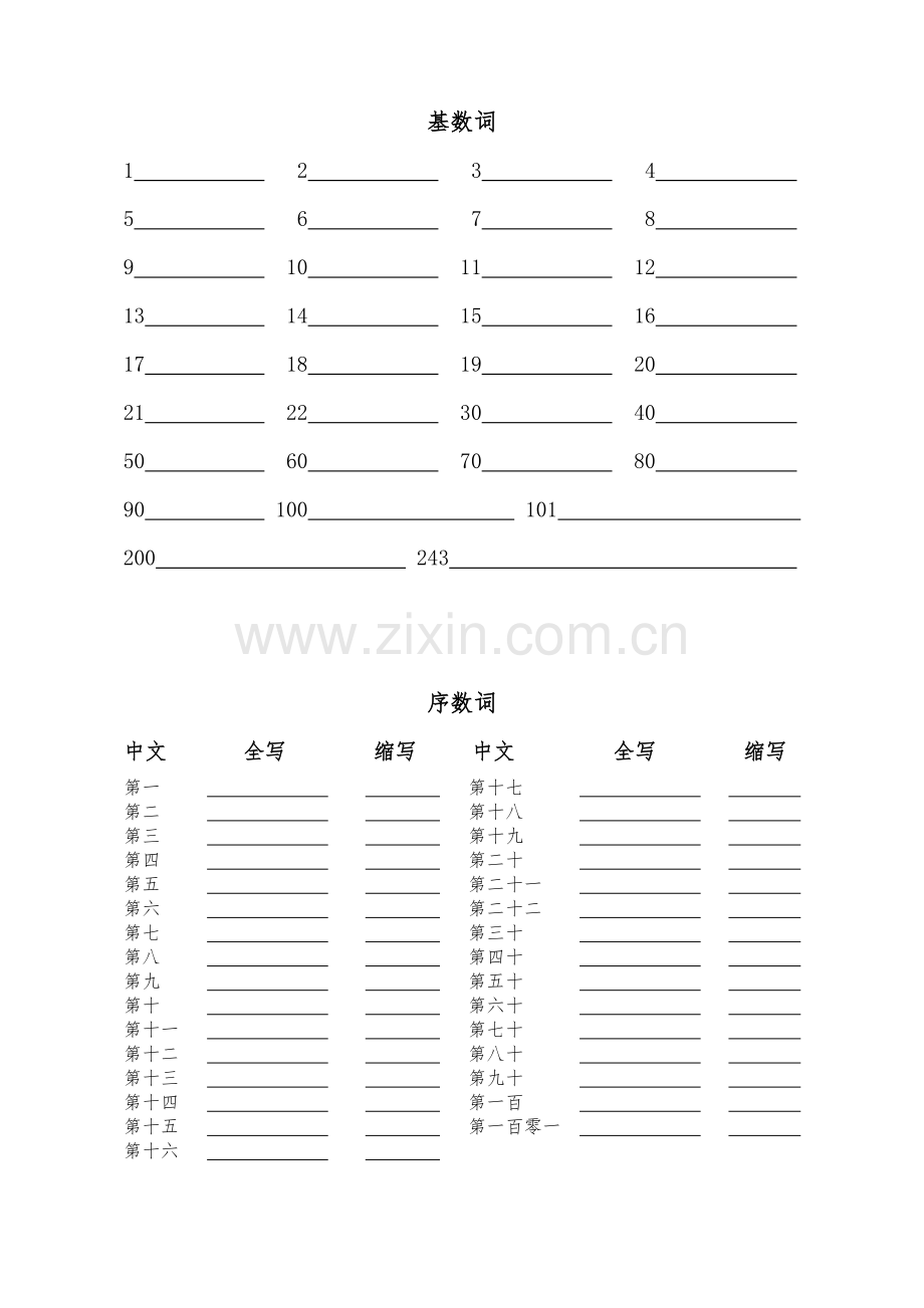 初一英语上数词过关单.doc_第1页