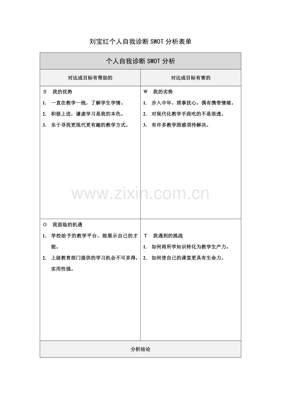 刘宝红个人自我诊断SWOT分析表.doc_第1页
