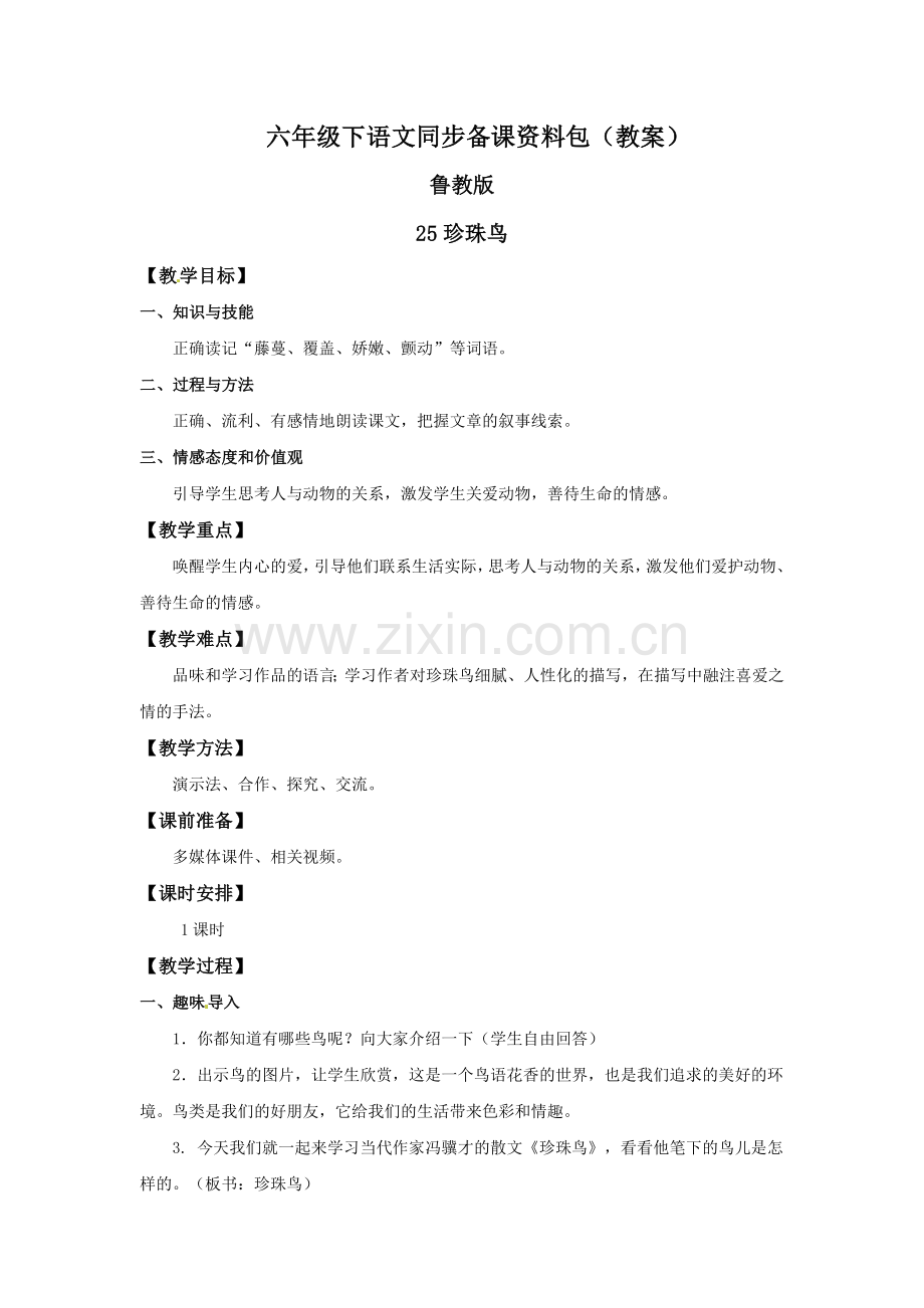 25珍珠鸟（教案）-鲁教版-五年级语文下册.doc_第1页