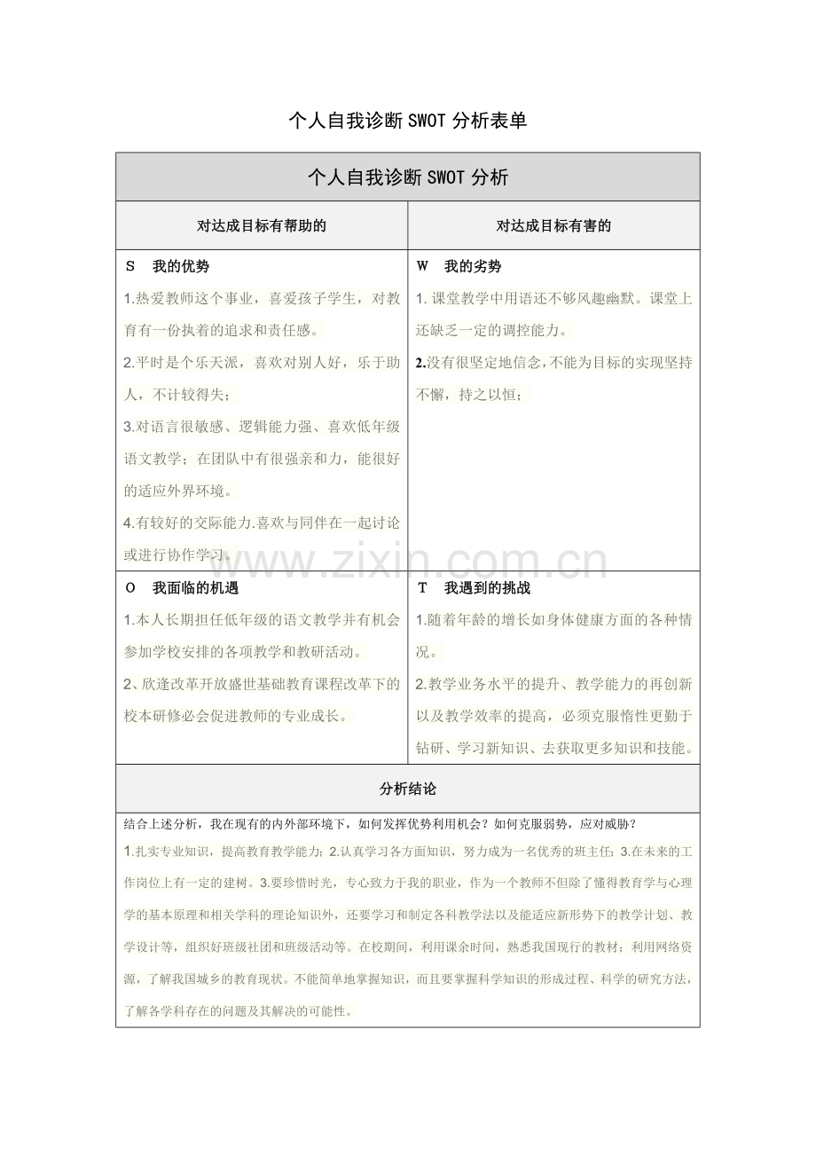 第一步骤所需文档：个人自我诊断SWOT分析表（韦宏颖）.doc_第1页