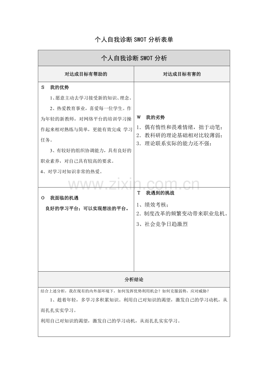 张香莉自我诊断SWOT分析表.doc_第1页