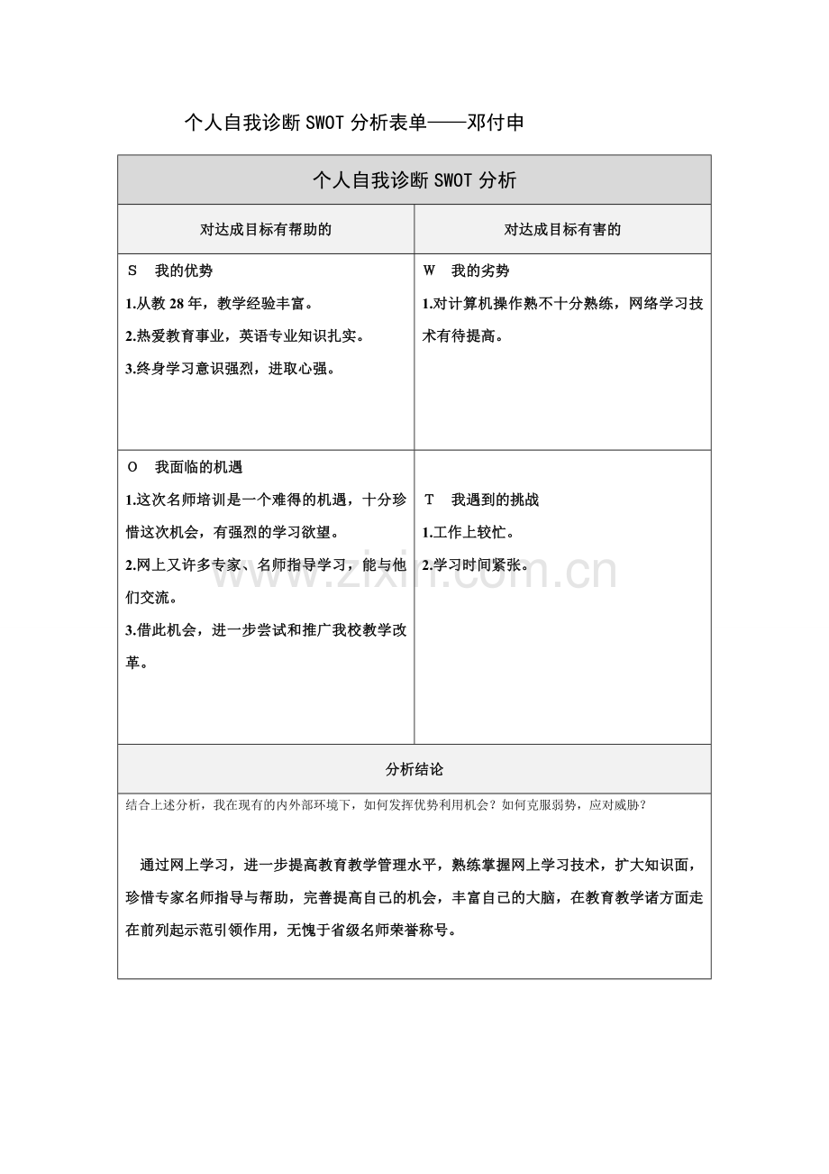 个人自我诊断SWOT分析表单 (9).doc_第1页