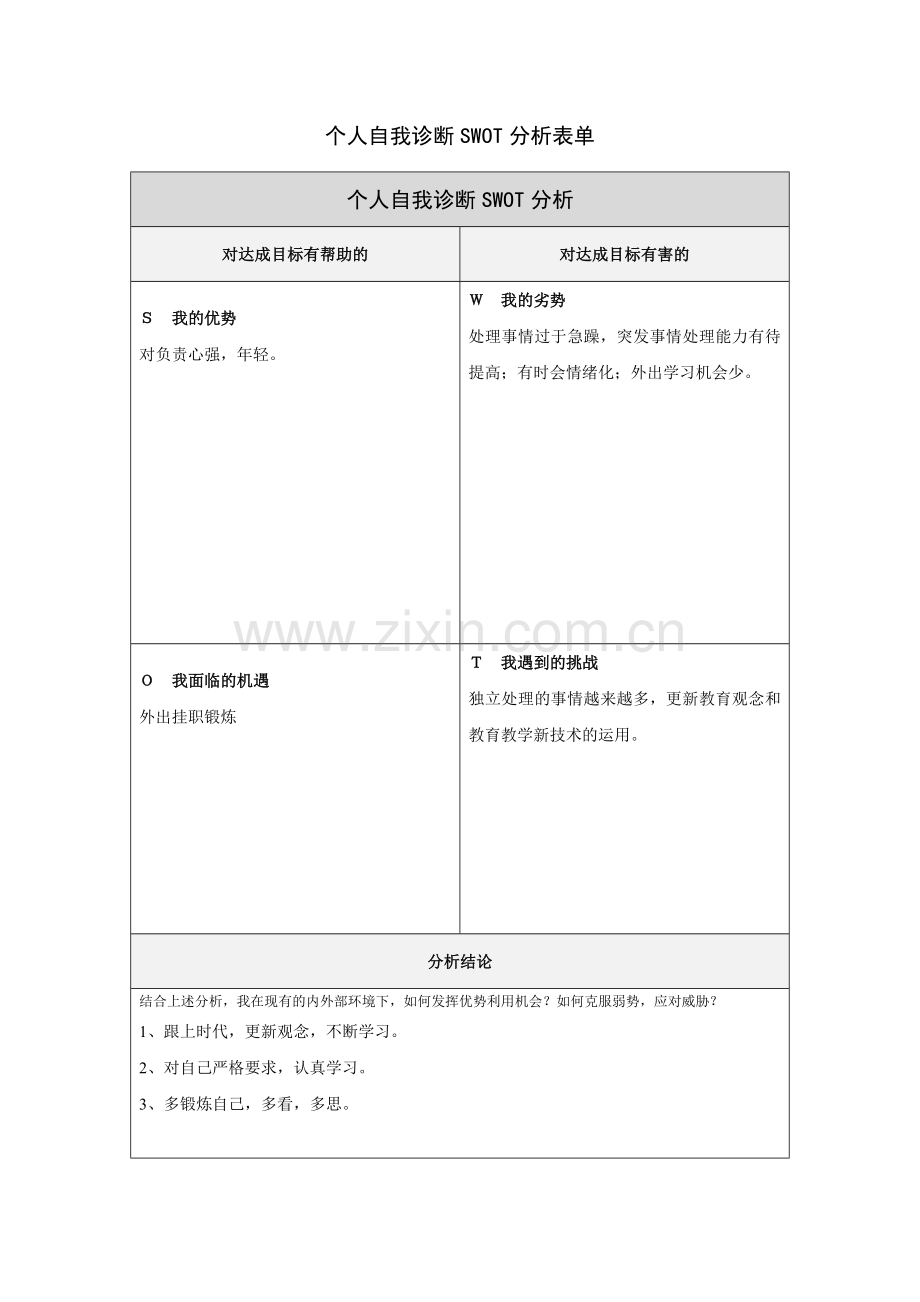 毛云个人自我诊断SWOT分析表.doc_第1页