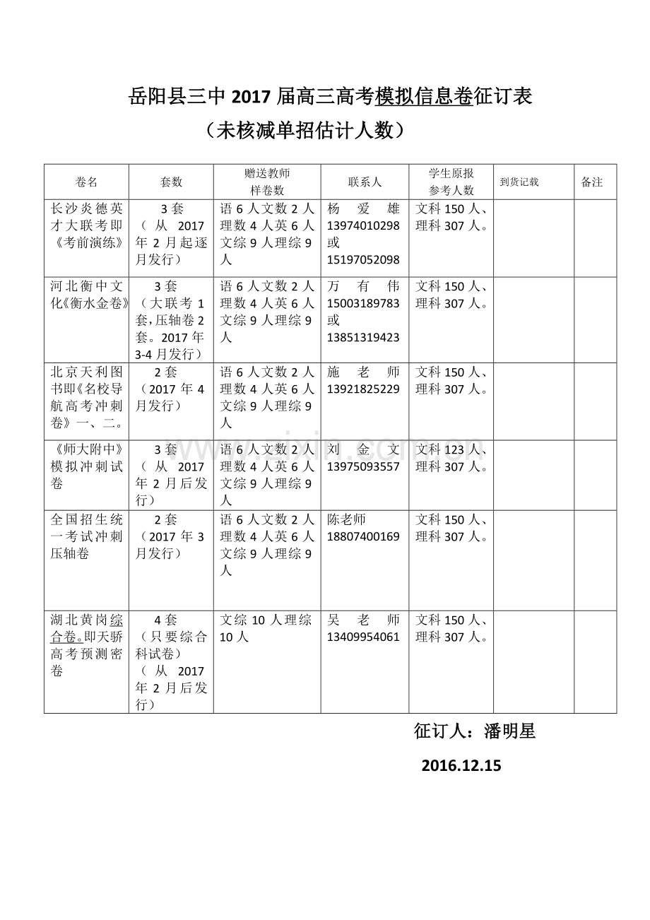 岳阳县三中2017届第二学期模拟信息卷1215修改表.doc_第1页