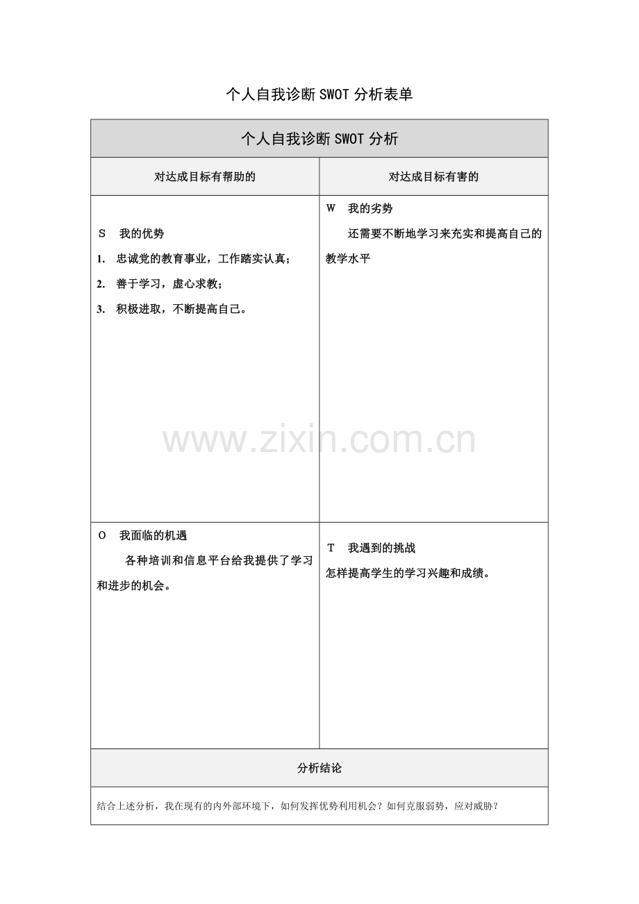 黄燕：个人自我诊断SWOT分析表.doc_第1页