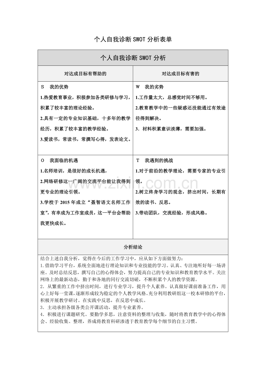 袁伟第一步骤所需文档：个人自我诊断SWOT分析表.doc_第1页