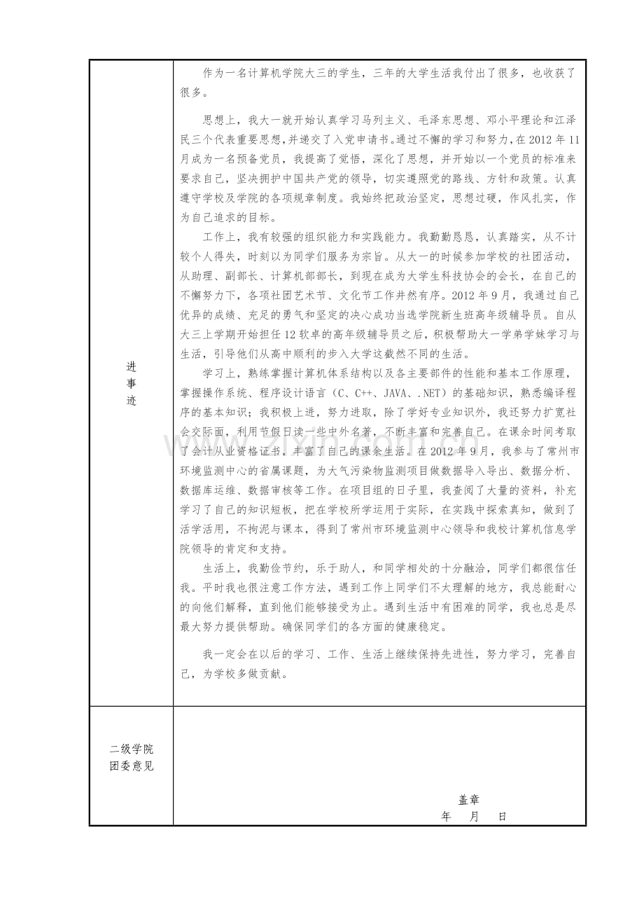 优良团员 优良共青团员推荐表.doc_第2页