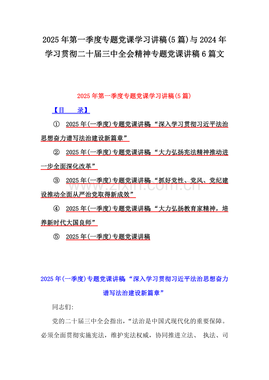 2025年第一季度专题党课学习讲稿(5篇)与2024年学习贯彻二十届三中全会精神专题党课讲稿6篇文.docx_第1页