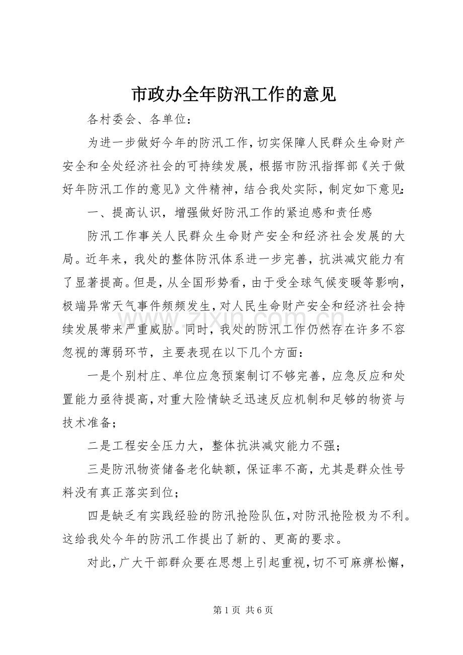 市政办全年防汛工作的意见.docx_第1页