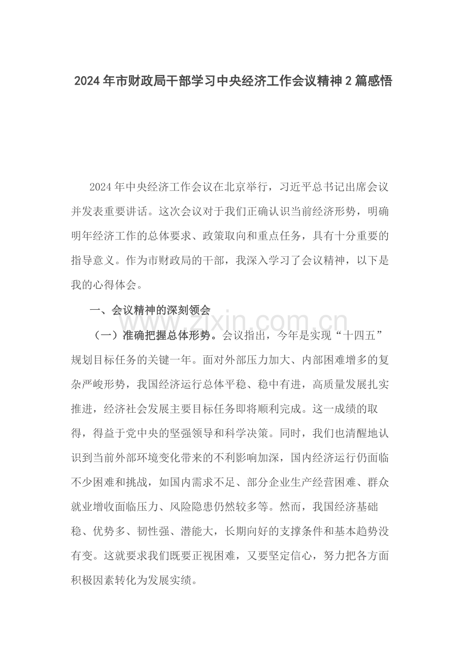 2024年市财政局干部学习中央经济工作会议精神2篇感悟.docx_第1页