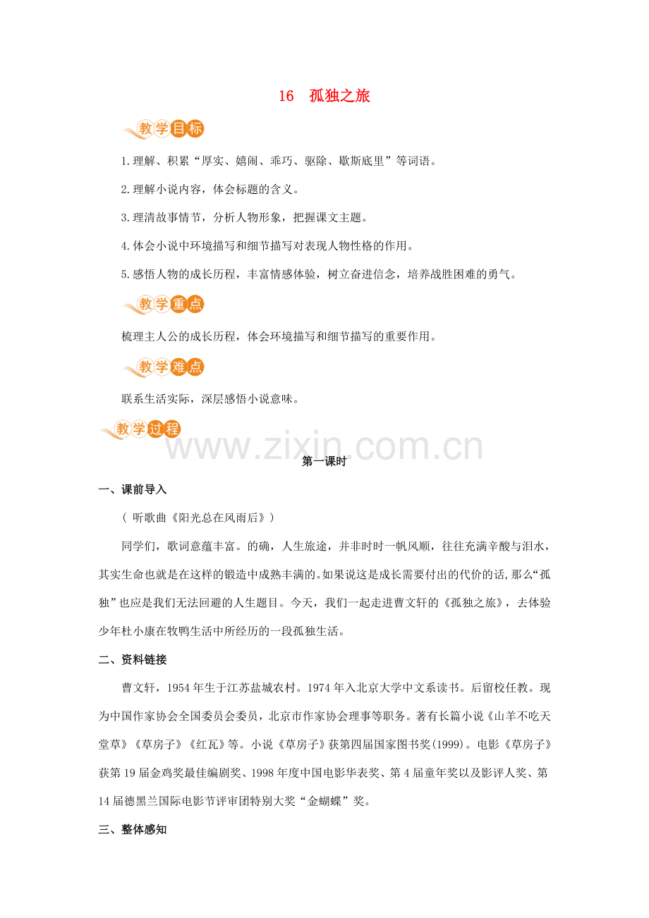 九年级语文上册 第四单元 回味少年时代 16 孤独之旅教案 新人教版-新人教版初中九年级上册语文教案.doc_第1页