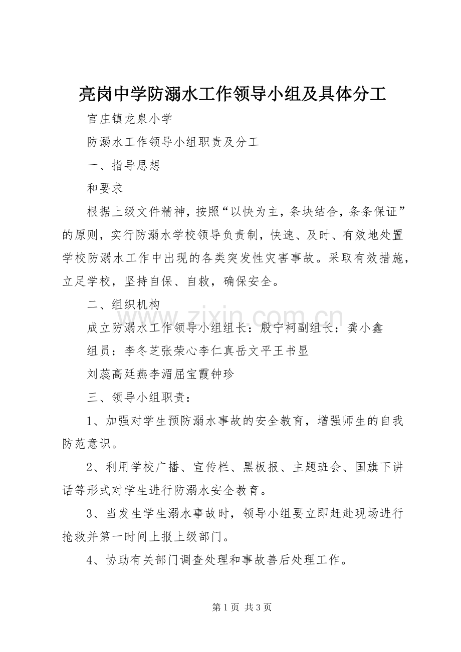 亮岗中学防溺水工作领导小组及具体分工.docx_第1页