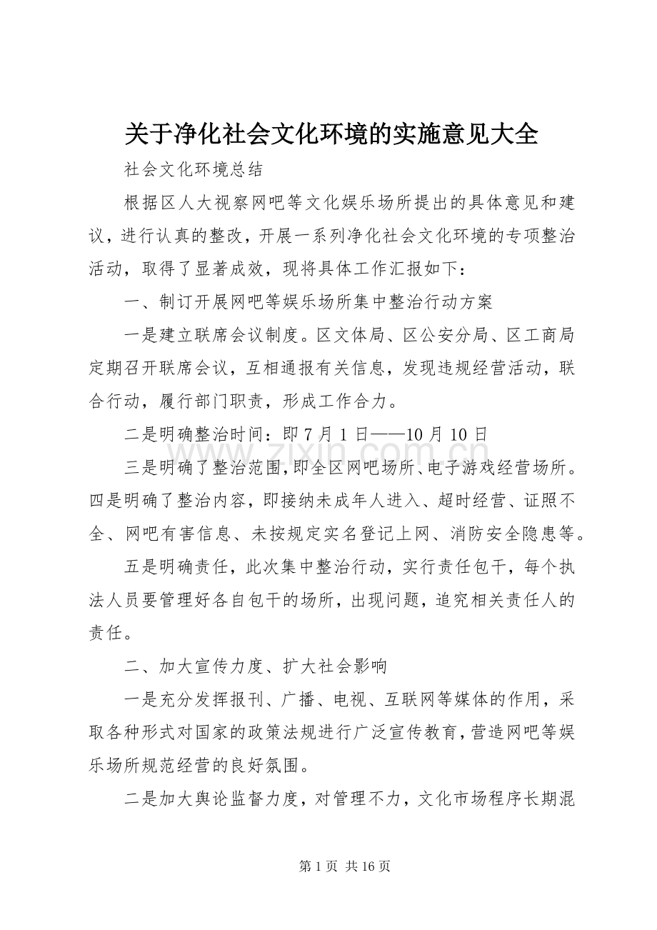 关于净化社会文化环境的实施意见大全.docx_第1页