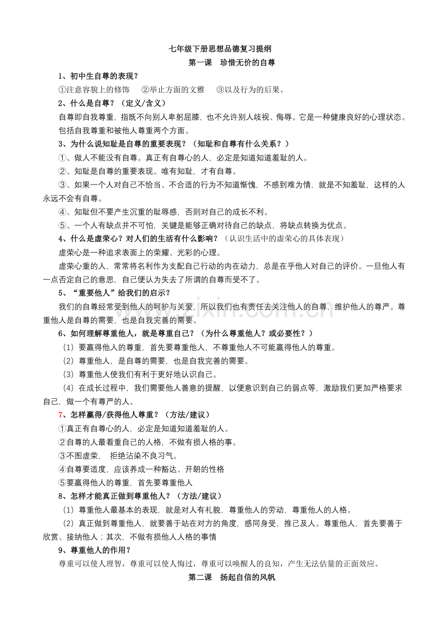 人教版初一下册思想品德复习提纲.doc_第1页
