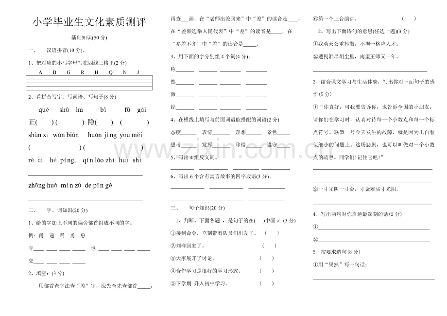 小学毕业生文化素质测评.doc_第1页