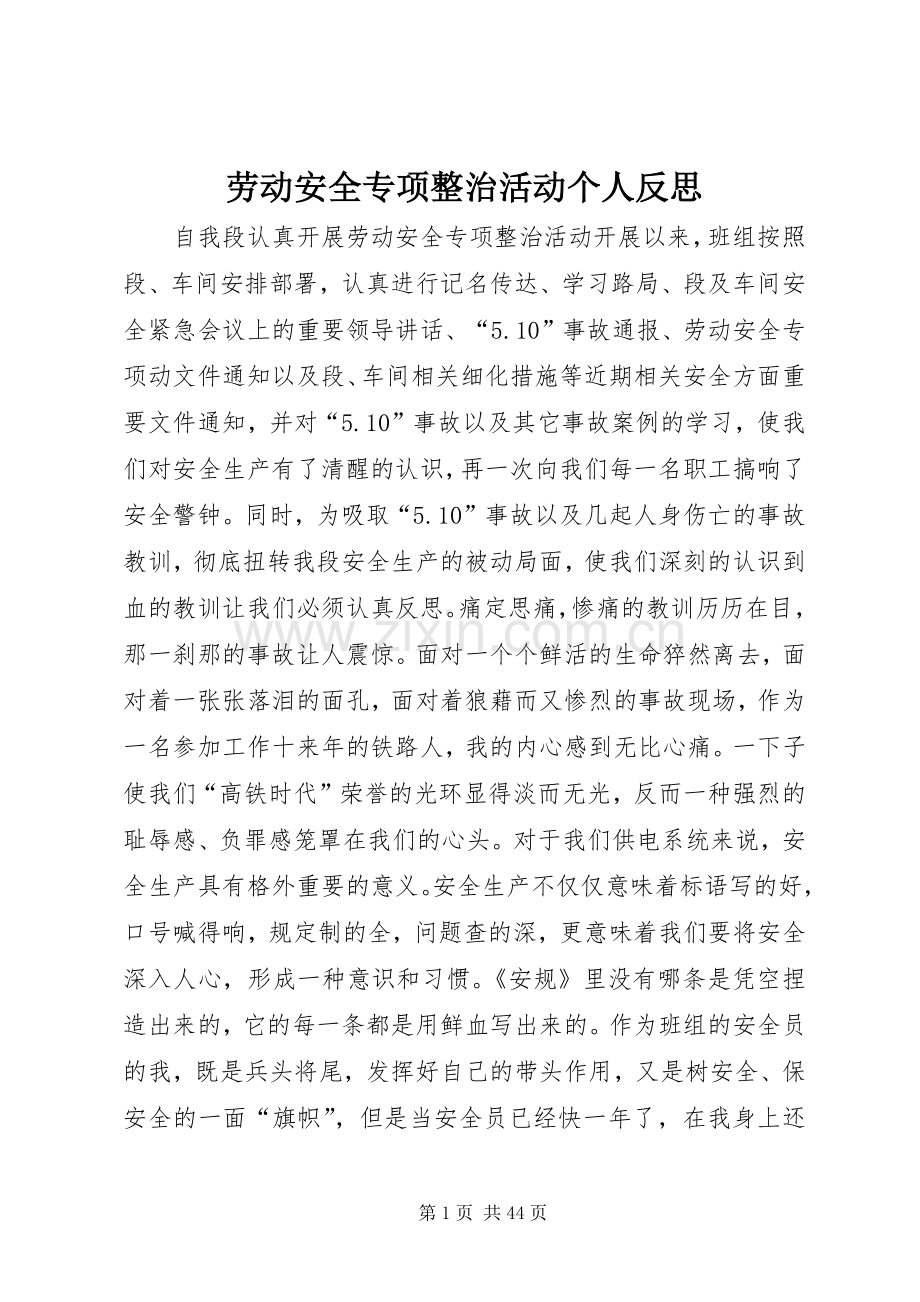 劳动安全专项整治活动个人反思.docx_第1页