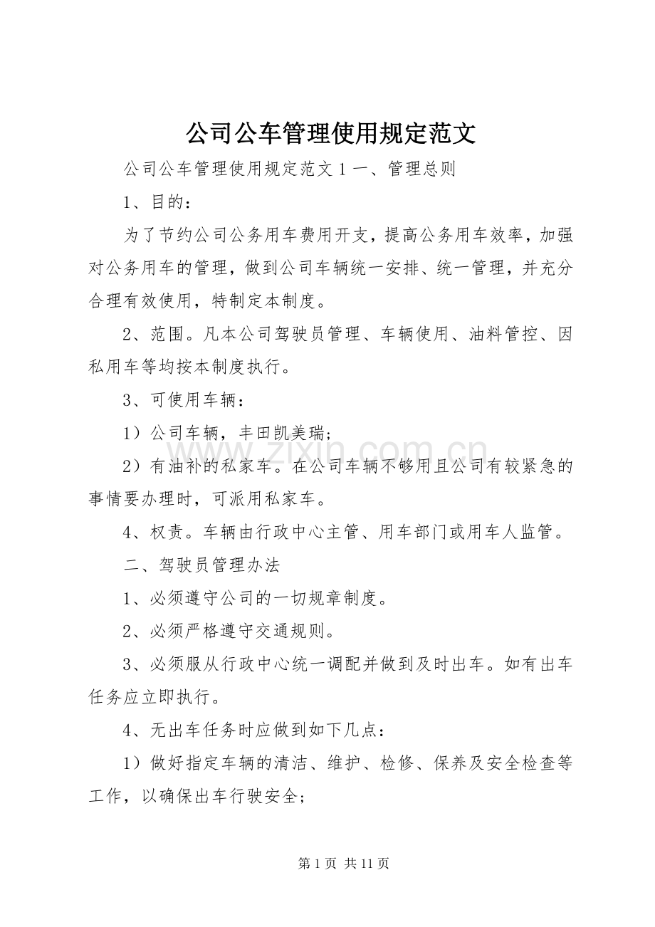 公司公车管理使用规定范文.docx_第1页