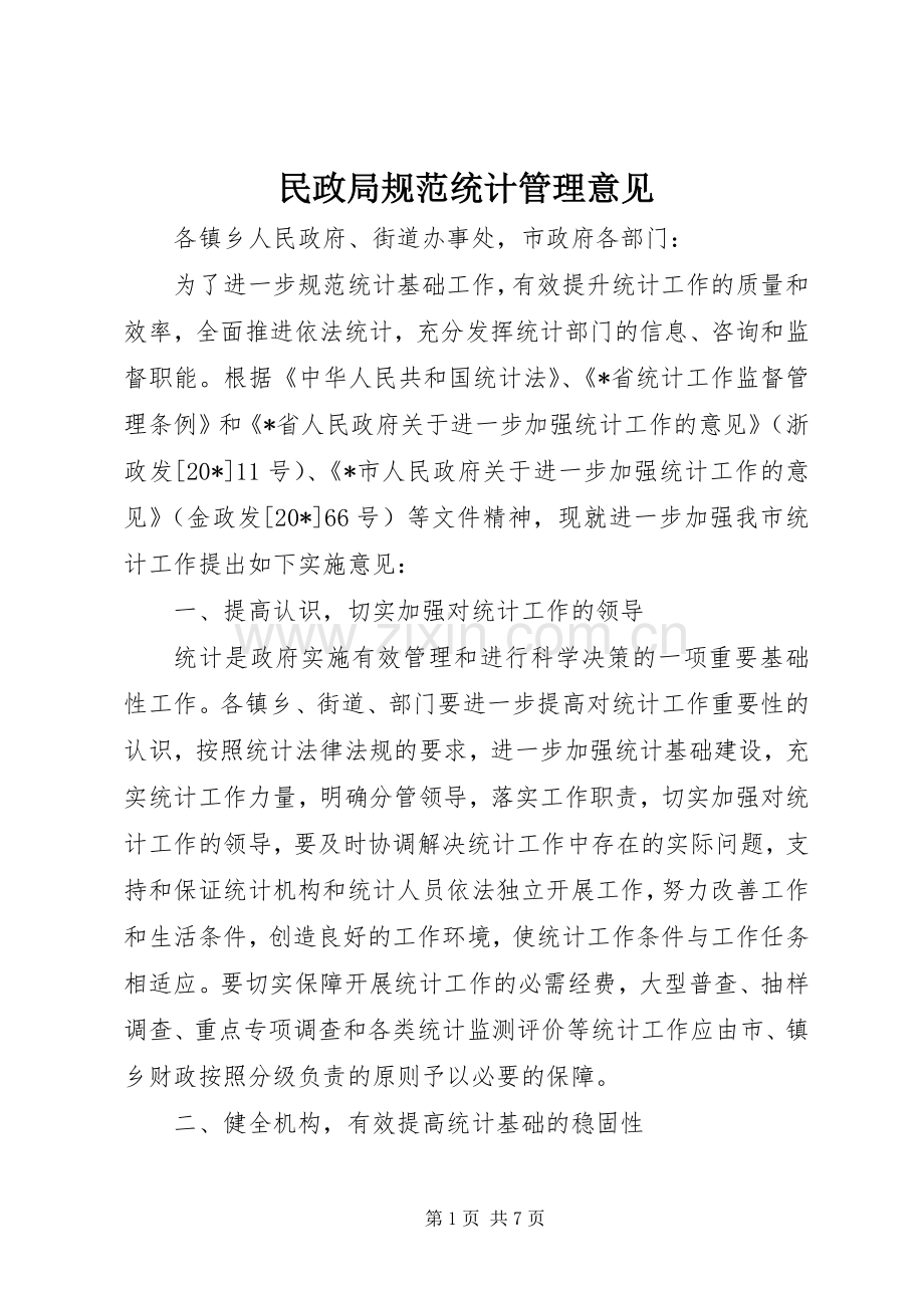 民政局规范统计管理意见.docx_第1页