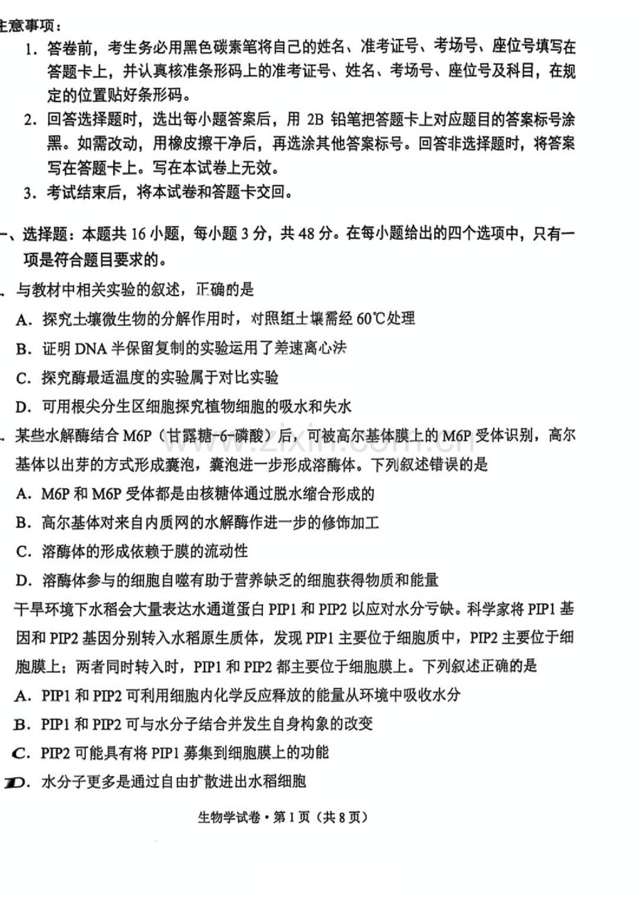 云南省昆明市2025届高三上学期三诊一模摸底诊断测试生物试题（含答案）.docx_第1页
