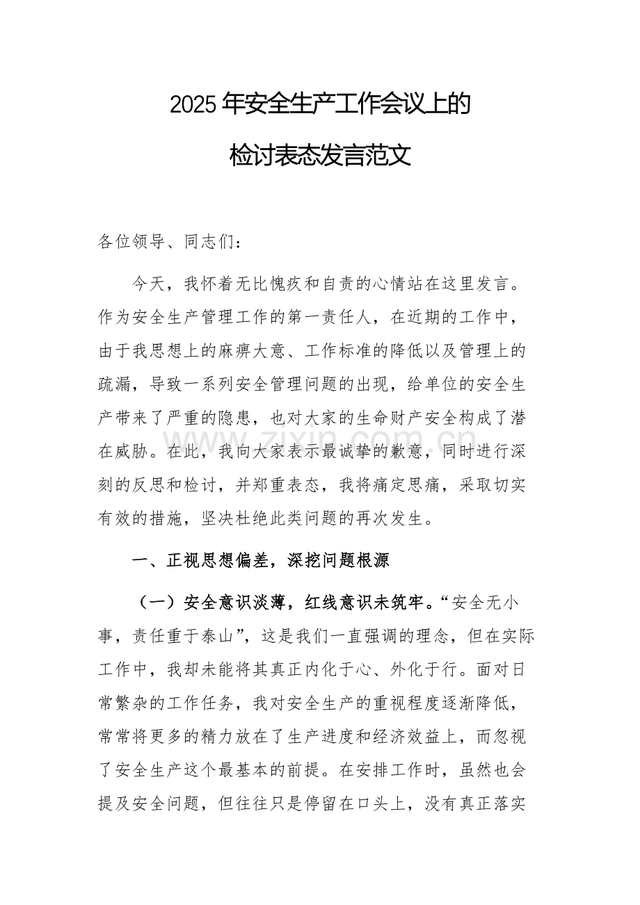 2025年安全生产工作会议上的检讨表态发言范文.docx_第1页