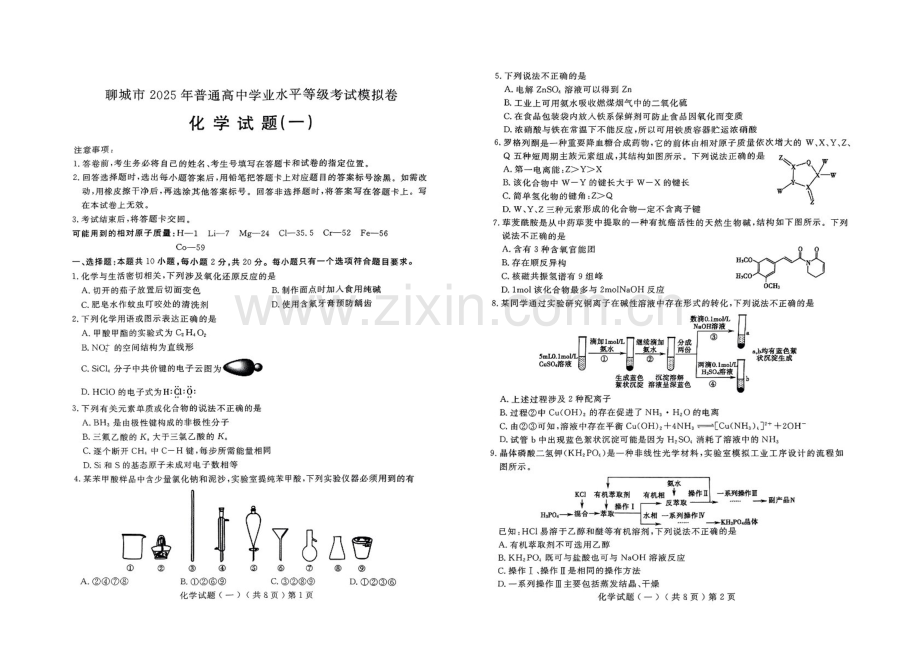 2025届山东省聊城市高三下学期一模化学试题（含答案）.docx_第1页