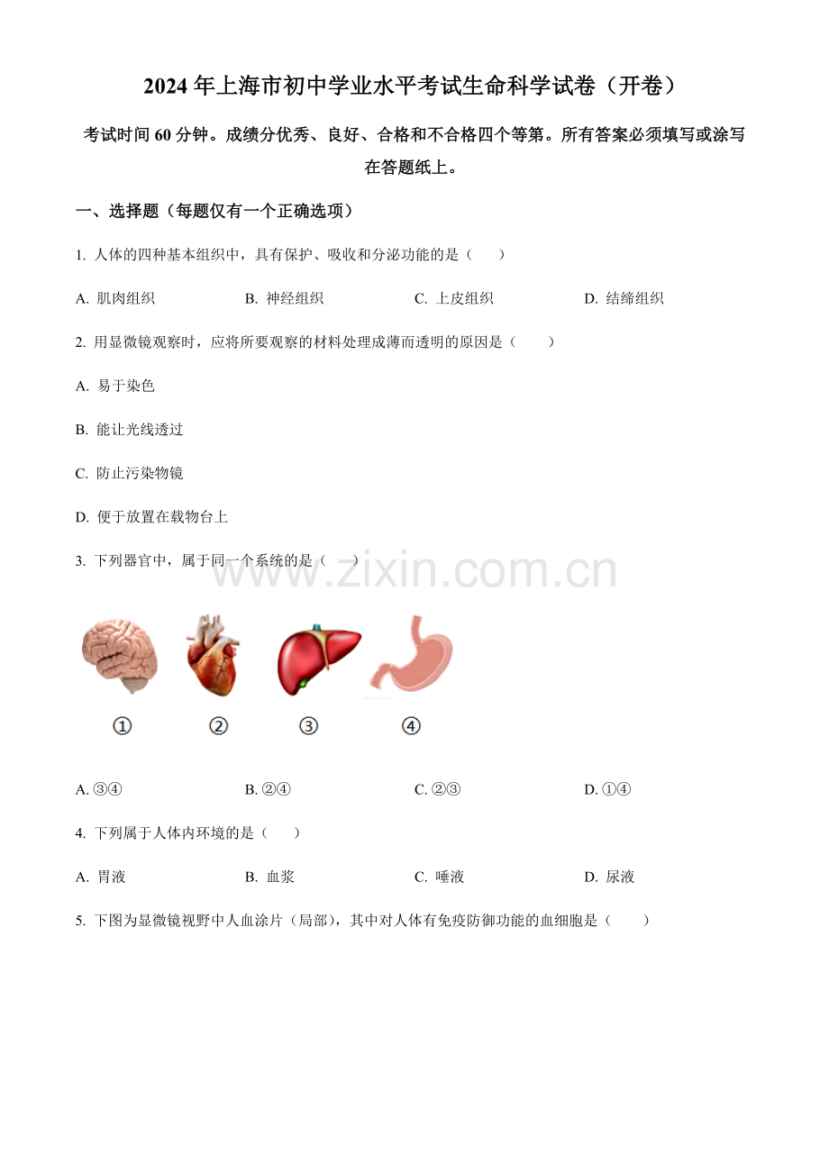 2024年上海市中考生物真题（含答案）.docx_第1页
