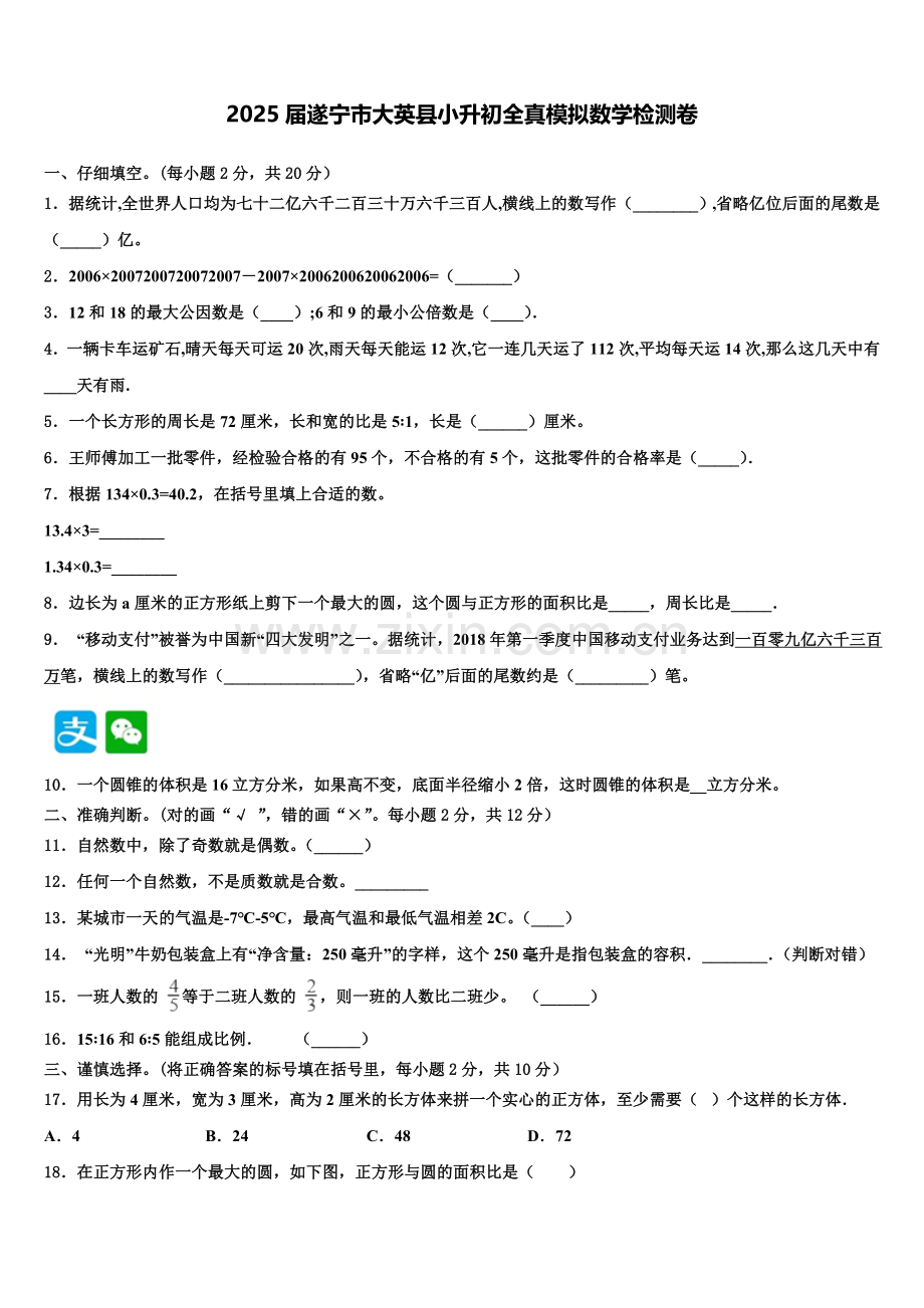 2025届遂宁市大英县小升初全真模拟数学检测卷含解析.doc_第1页