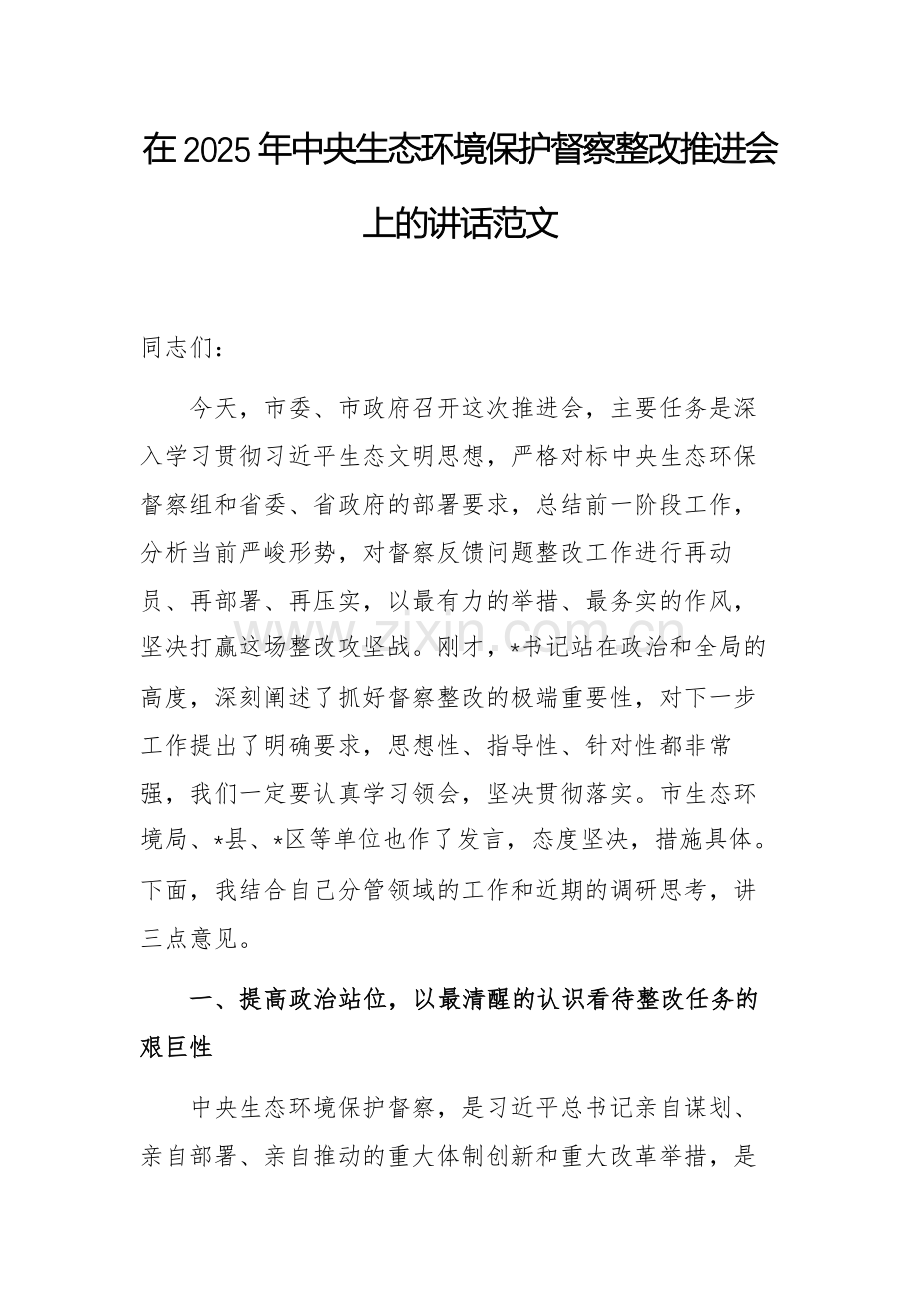 在2025年中央生态环境保护督察整改推进会上的讲话范文.docx_第1页