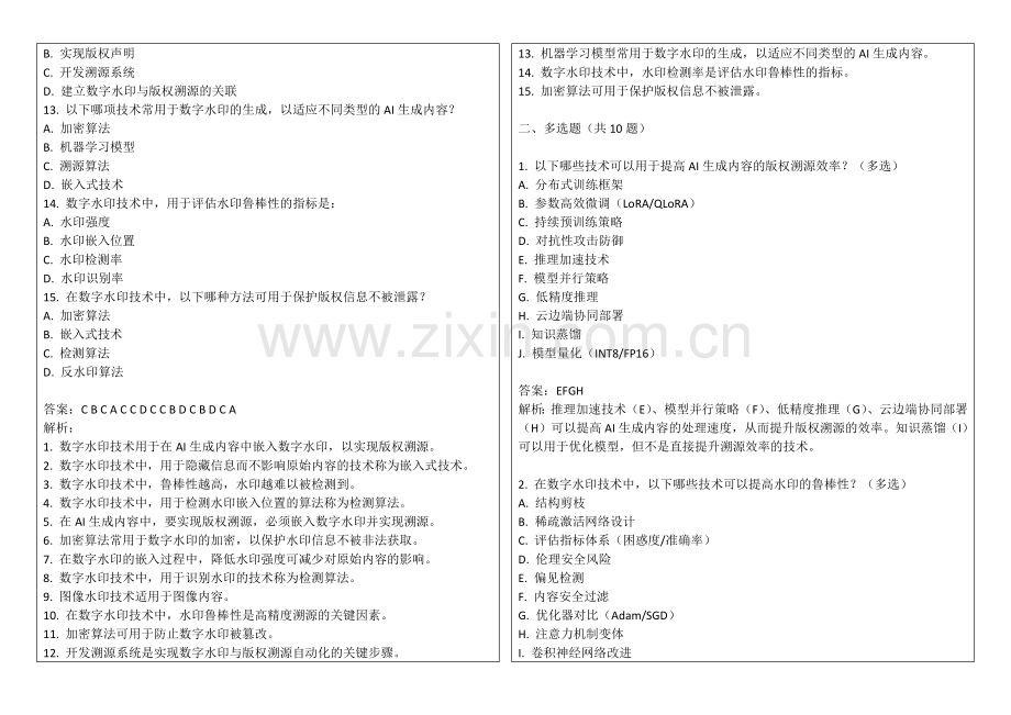 2025年AI生成内容数字水印与版权溯源技术考核卷答案及解析.docx_第2页