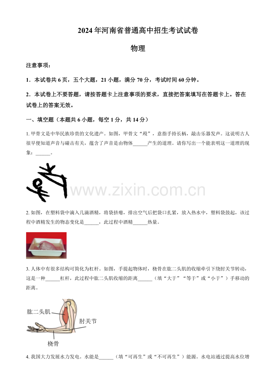 2024年河南省中考物理真题试题（含答案）.docx_第1页