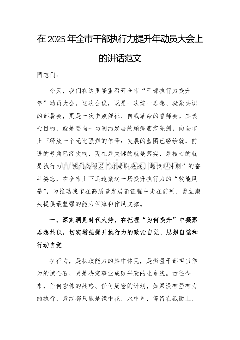 在2025年干部执行力提升年动员大会上的讲话范文.docx_第1页