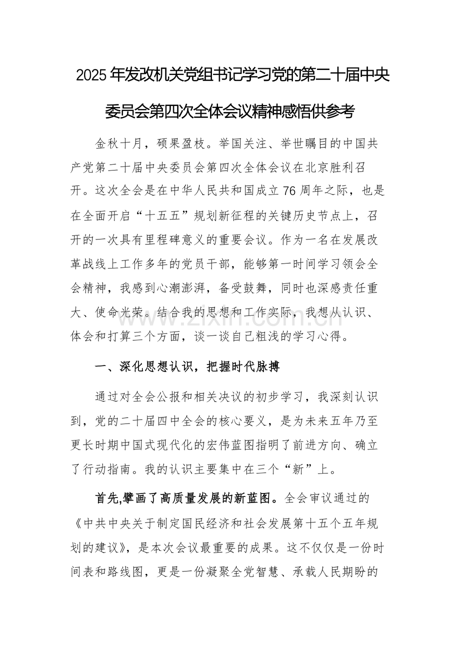 2025年发改机关党组书记学习党的第二十届中央委员会第四次全体会议精神感悟供参考.docx_第1页
