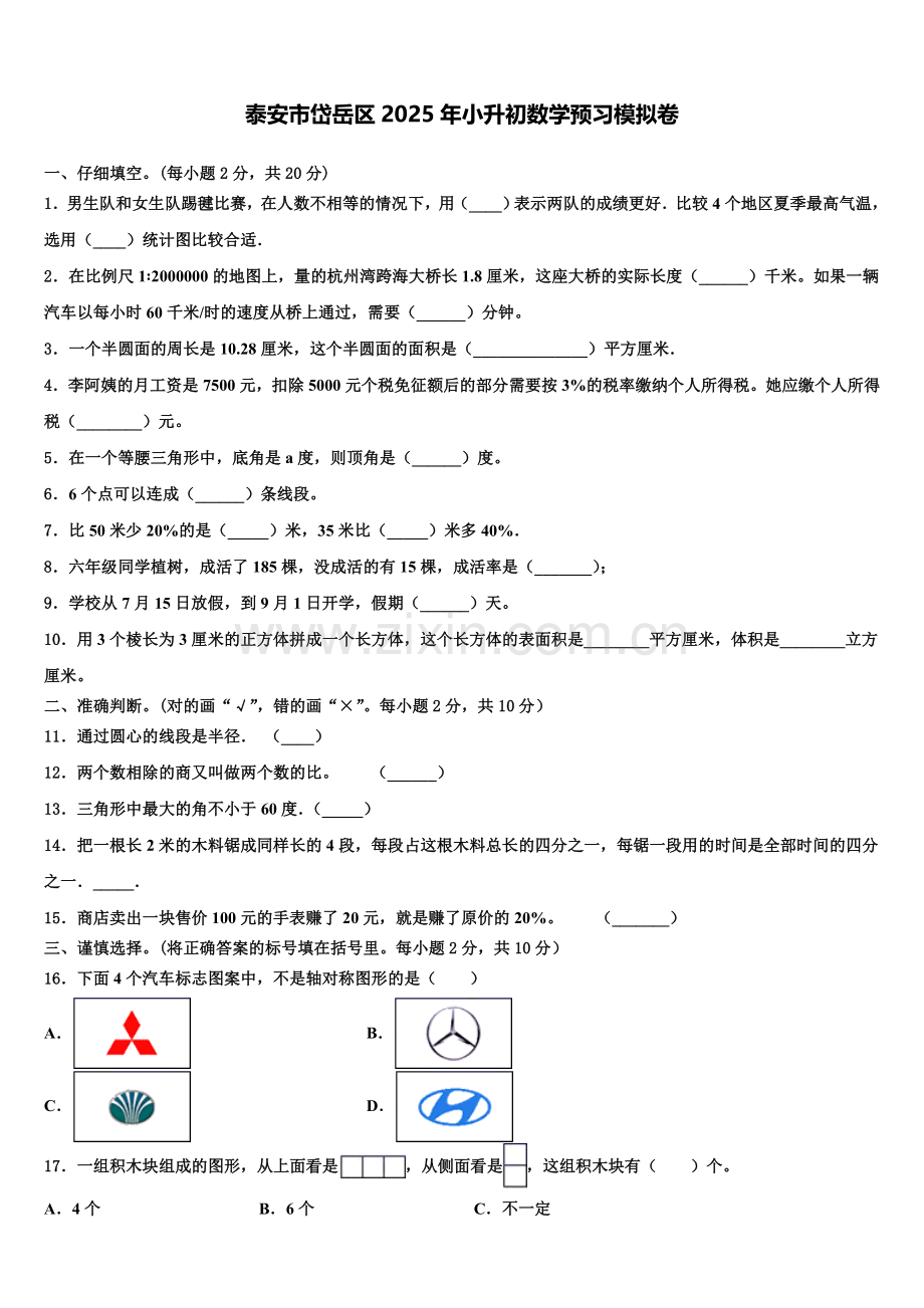 泰安市岱岳区2025年小升初数学预习模拟卷含解析.doc_第1页