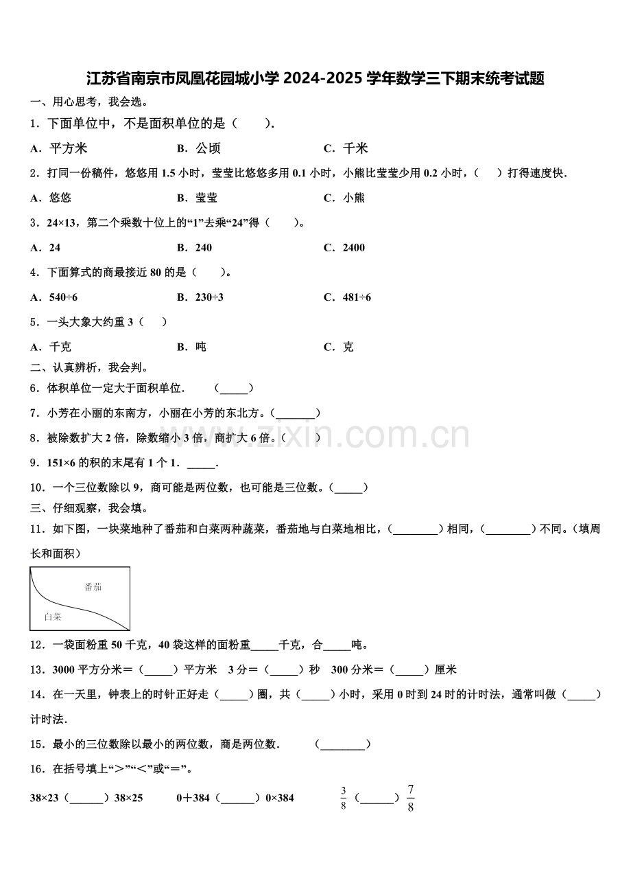 江苏省南京市凤凰花园城小学2024-2025学年数学三下期末统考试题含解析.doc_第1页