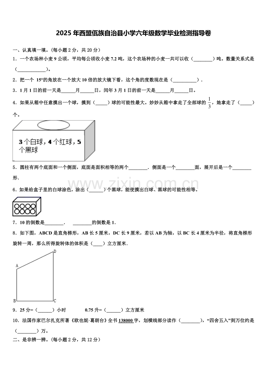 2025年西盟佤族自治县小学六年级数学毕业检测指导卷含解析.doc_第1页