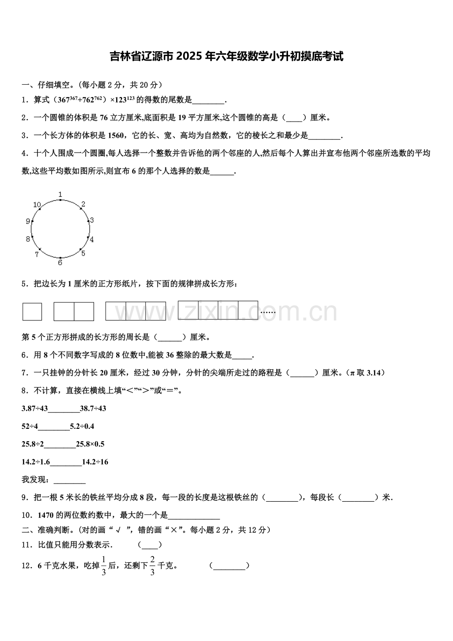 吉林省辽源市2025年六年级数学小升初摸底考试含解析.doc_第1页