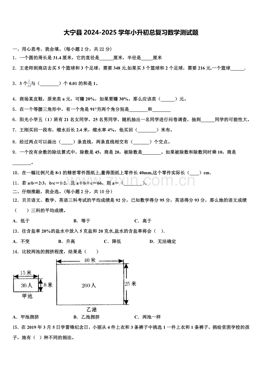 大宁县2024-2025学年小升初总复习数学测试题含解析.doc_第1页