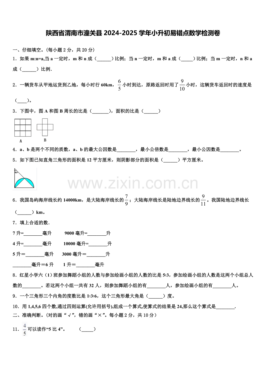 陕西省渭南市潼关县2024-2025学年小升初易错点数学检测卷含解析.doc_第1页