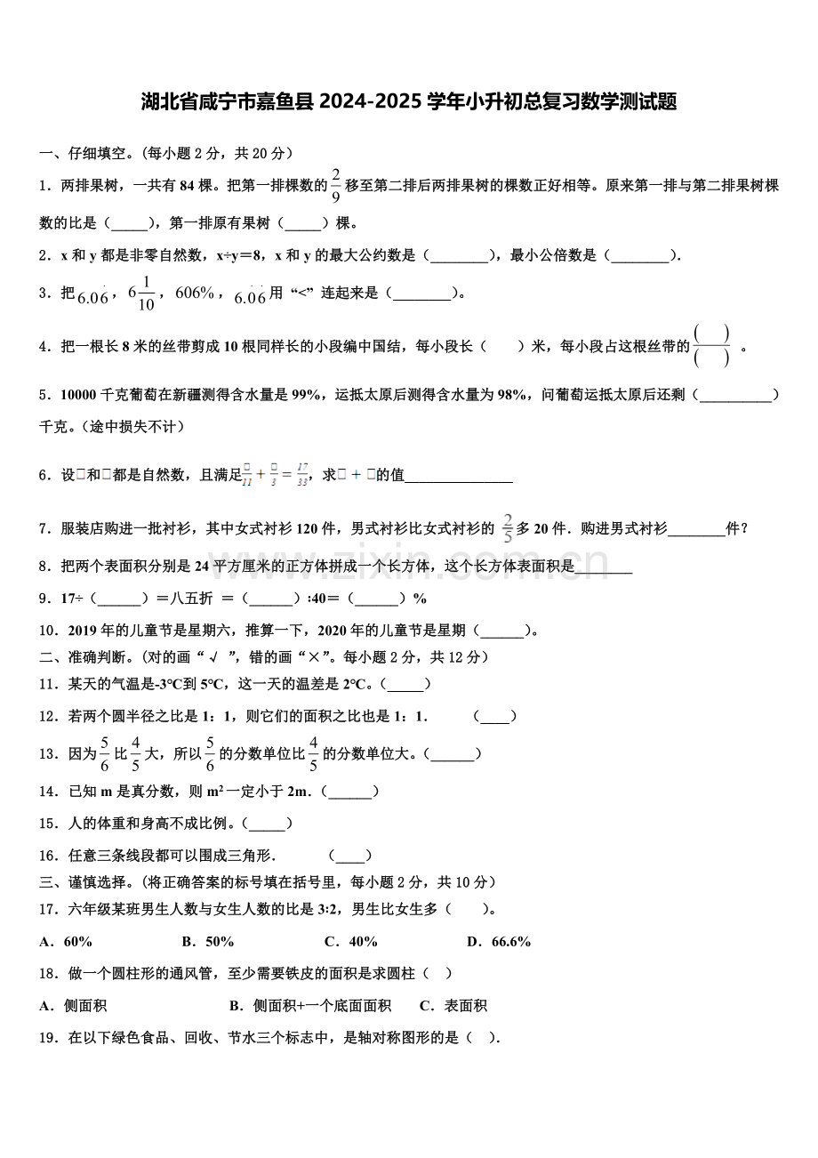 湖北省咸宁市嘉鱼县2024-2025学年小升初总复习数学测试题含解析.doc_第1页