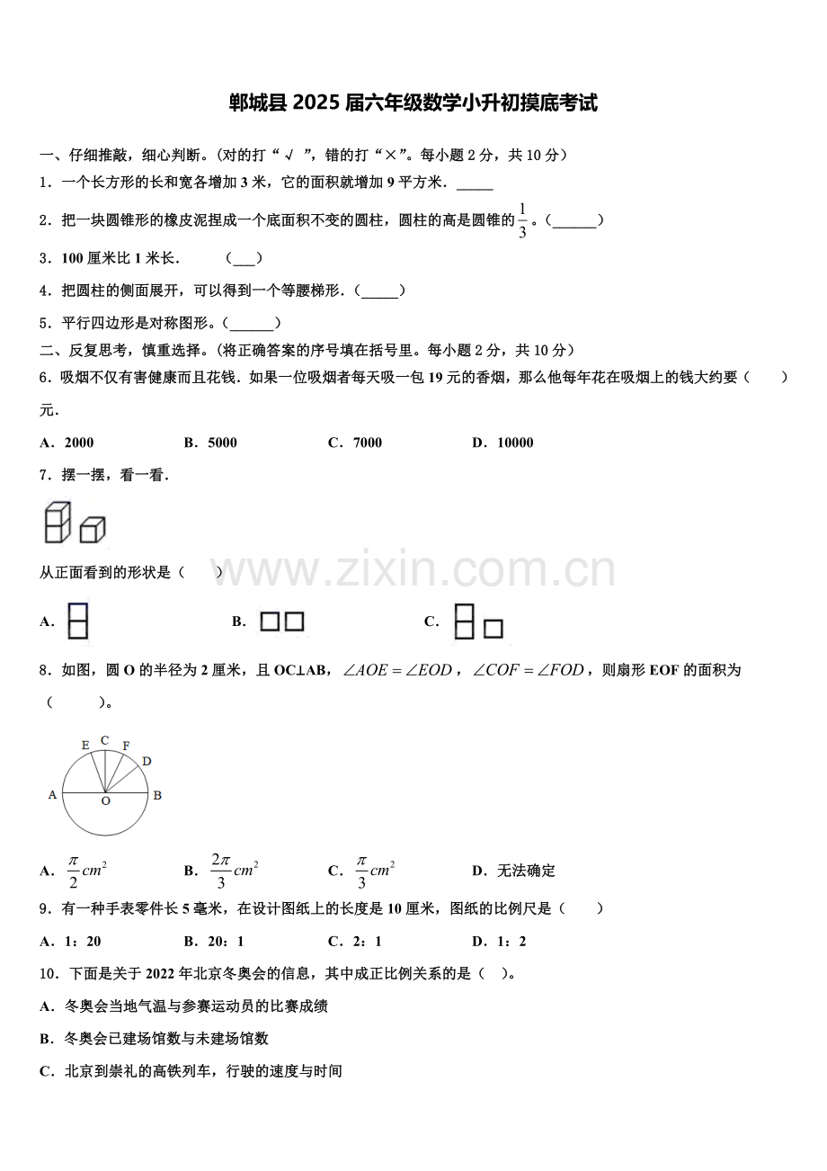 郸城县2025届六年级数学小升初摸底考试含解析.doc_第1页
