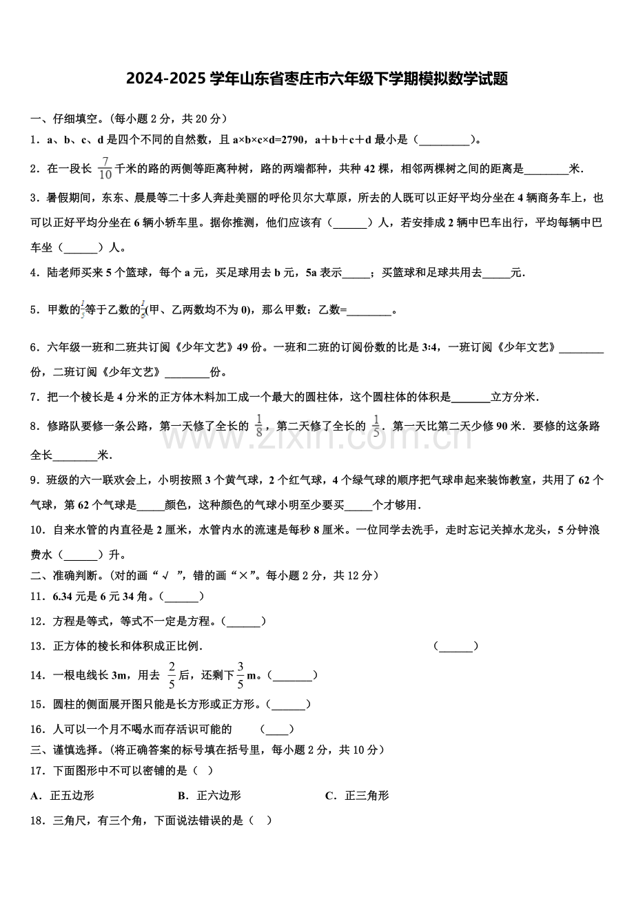 2024-2025学年山东省枣庄市六年级下学期模拟数学试题含解析.doc_第1页