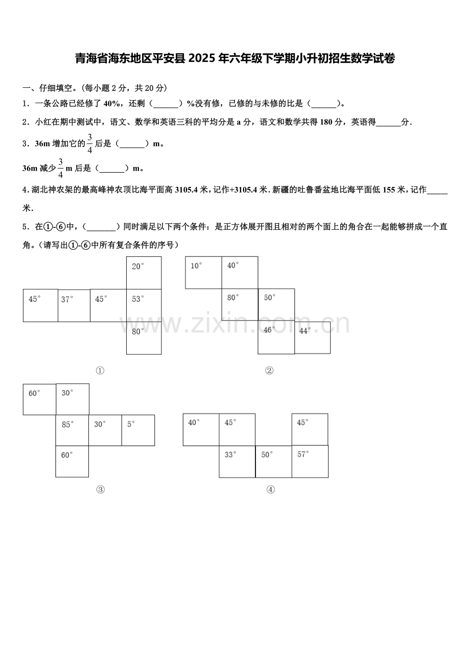 青海省海东地区平安县2025年六年级下学期小升初招生数学试卷含解析.doc_第1页